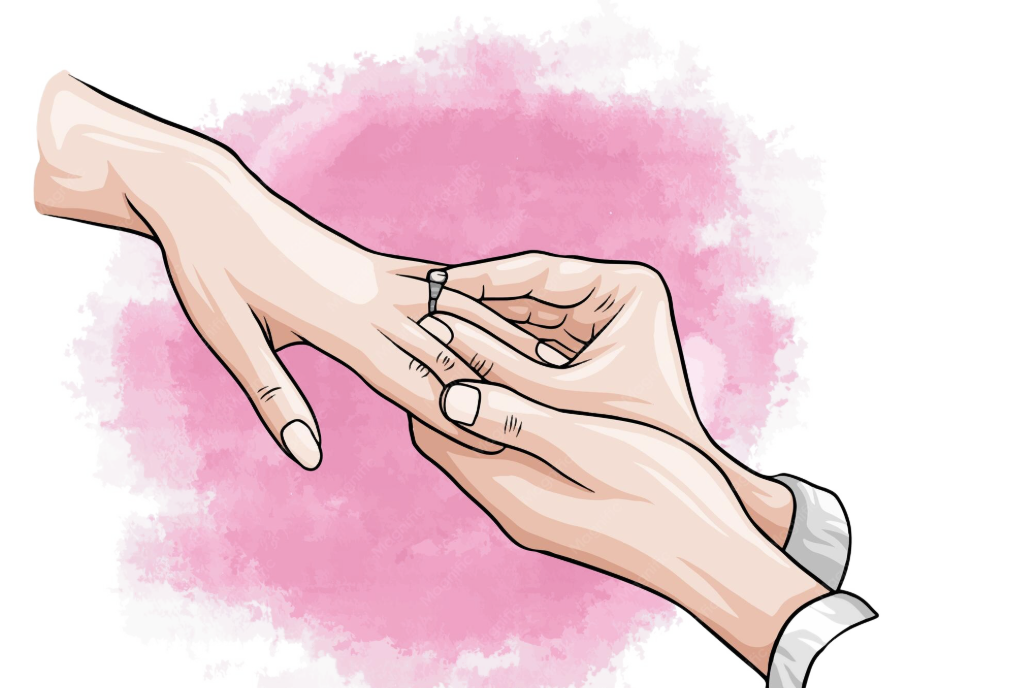A hand slipping an engagement ring onto a finger
